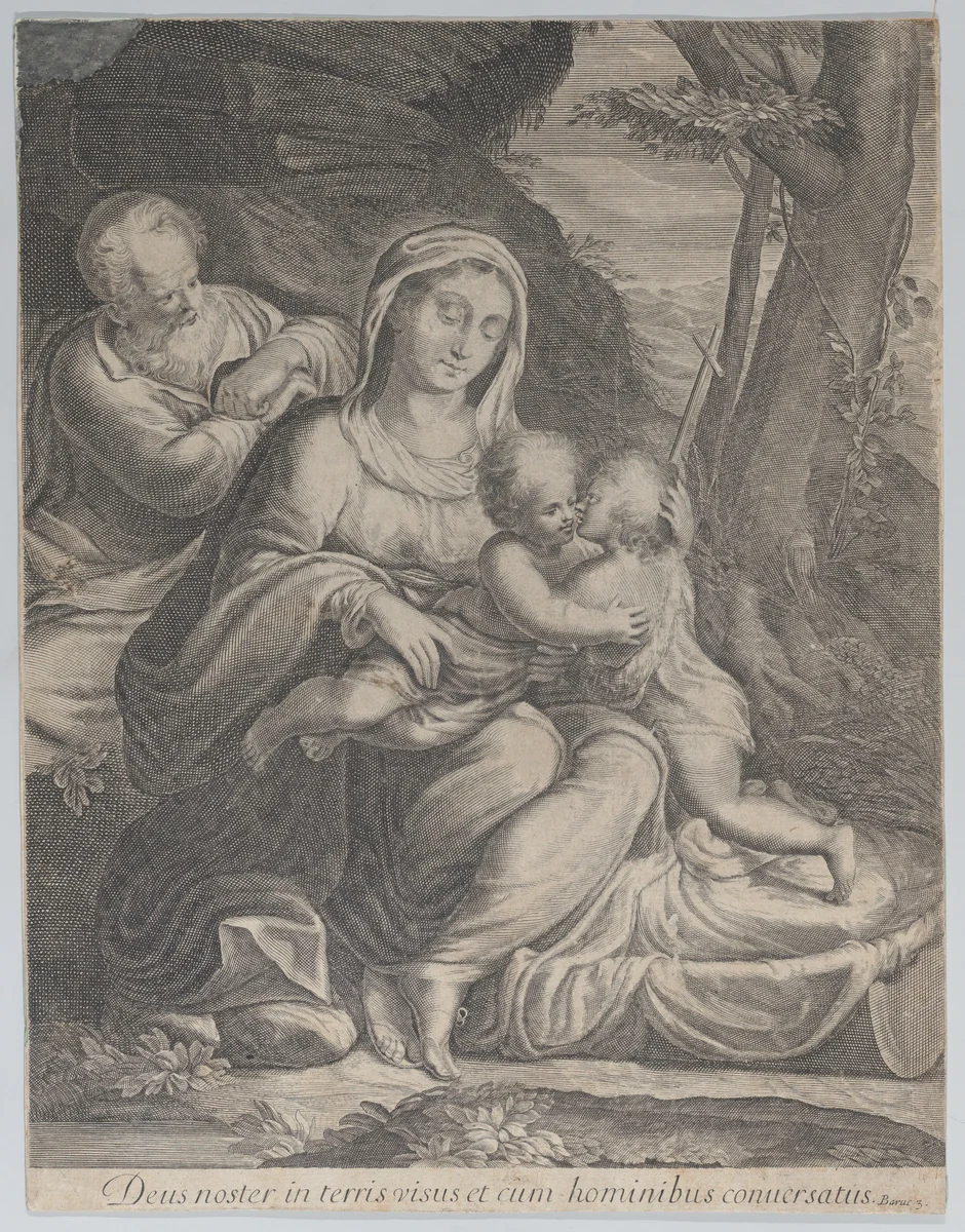 The Holy Family with infant Saint John the Baptist kneeling at right by anonymous, print, 1550-1600