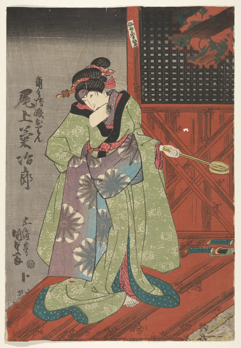 Woman in green kimono by anonymous, print, 1700-1899
