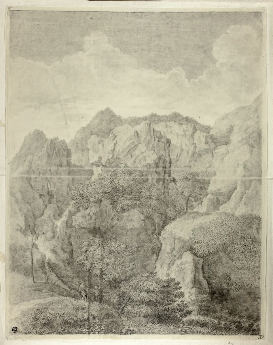 Mountain Landscape with Two Figures in Foreground by Gaspard Dughet, drawing, 1635-1675