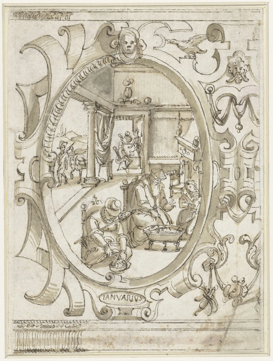 Medaillon met interieurscène by anonymous, drawing, 1500-1600