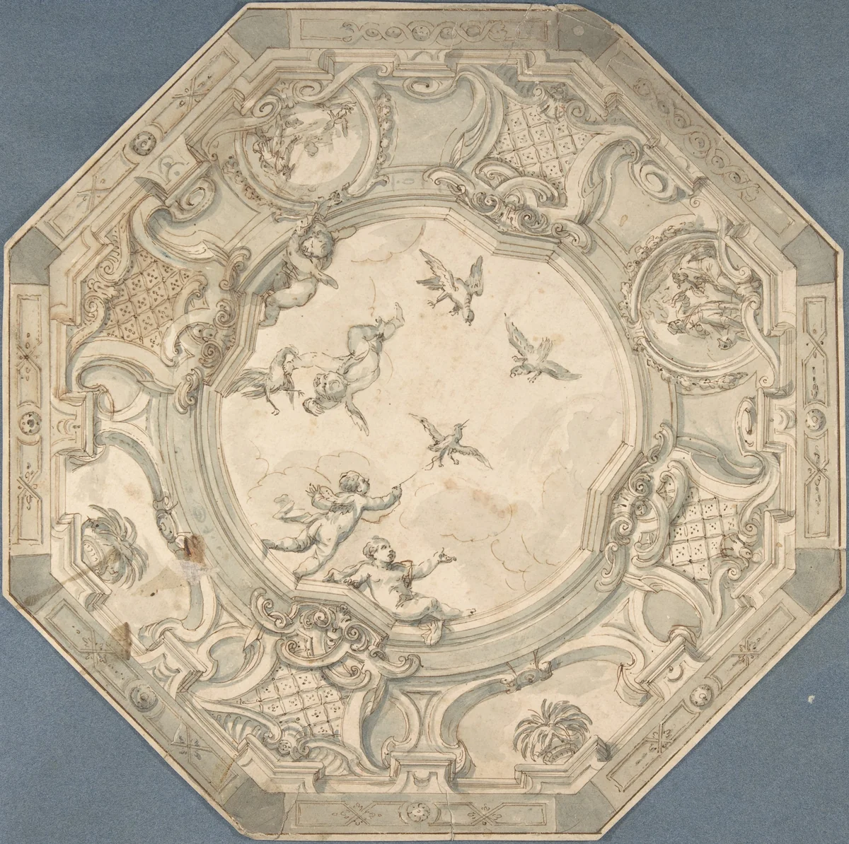 Octagonal Ceiling Design with Putti and Birds by anonymous, drawing, 1700-1800