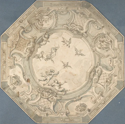 Octagonal Ceiling Design with Putti and Birds by anonymous, drawing, 1700-1800