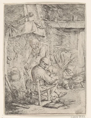 Vader met kind op schoot in interieur by anonymous, print, 1648-1745