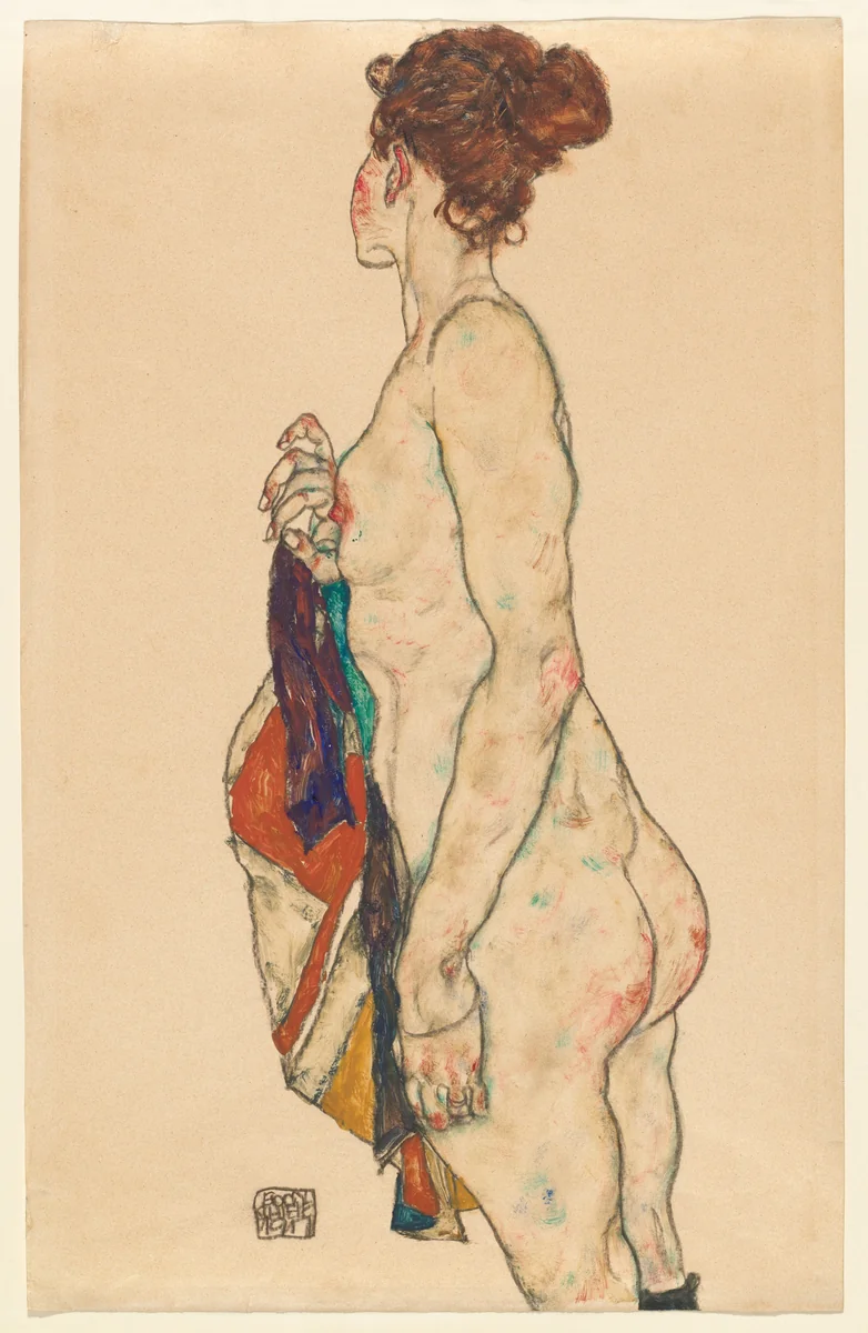 Standing Nude with a Patterned Robe by Egon Schiele, drawing, 1917