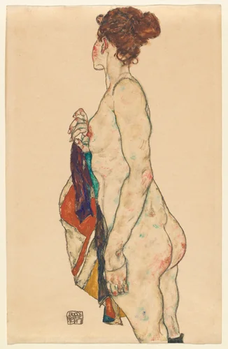 Standing Nude with a Patterned Robe by Egon Schiele, drawing, 1917