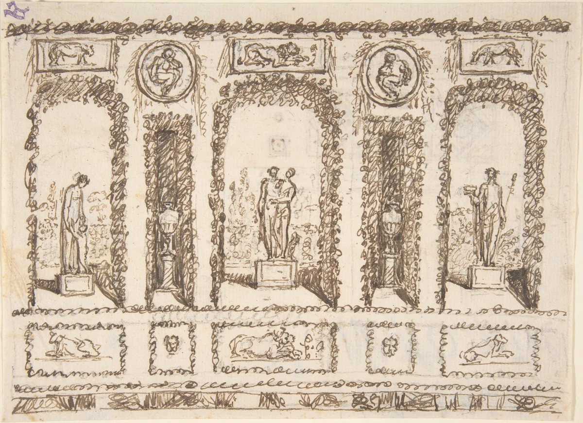 Design for a Wall Decoration of a Conservatory or Grotto with Statues and Vases in Niches by anonymous, drawing, 1800-1900
