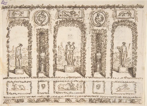 Design for a Wall Decoration of a Conservatory or Grotto with Statues and Vases in Niches by anonymous, drawing, 1800-1900