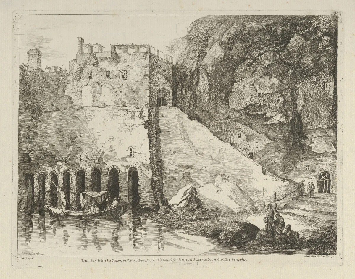 Vue des debris des bains de Neron from Differentes vues dessiné d'après nature... dans les environs de Rome et de Naples by Adélaide Allou, print, 1700-1799