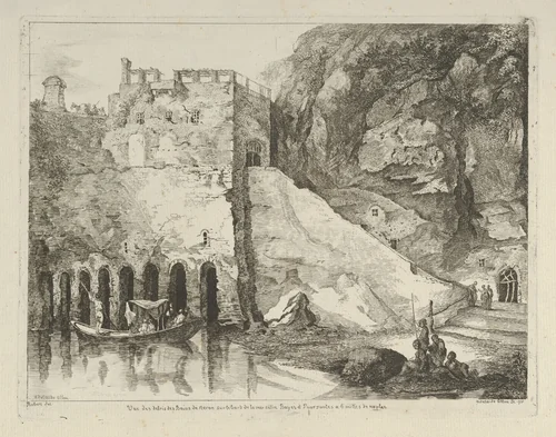 Vue des debris des bains de Neron from Differentes vues dessiné d'après nature... dans les environs de Rome et de Naples by Adélaide Allou, print, 1700-1799