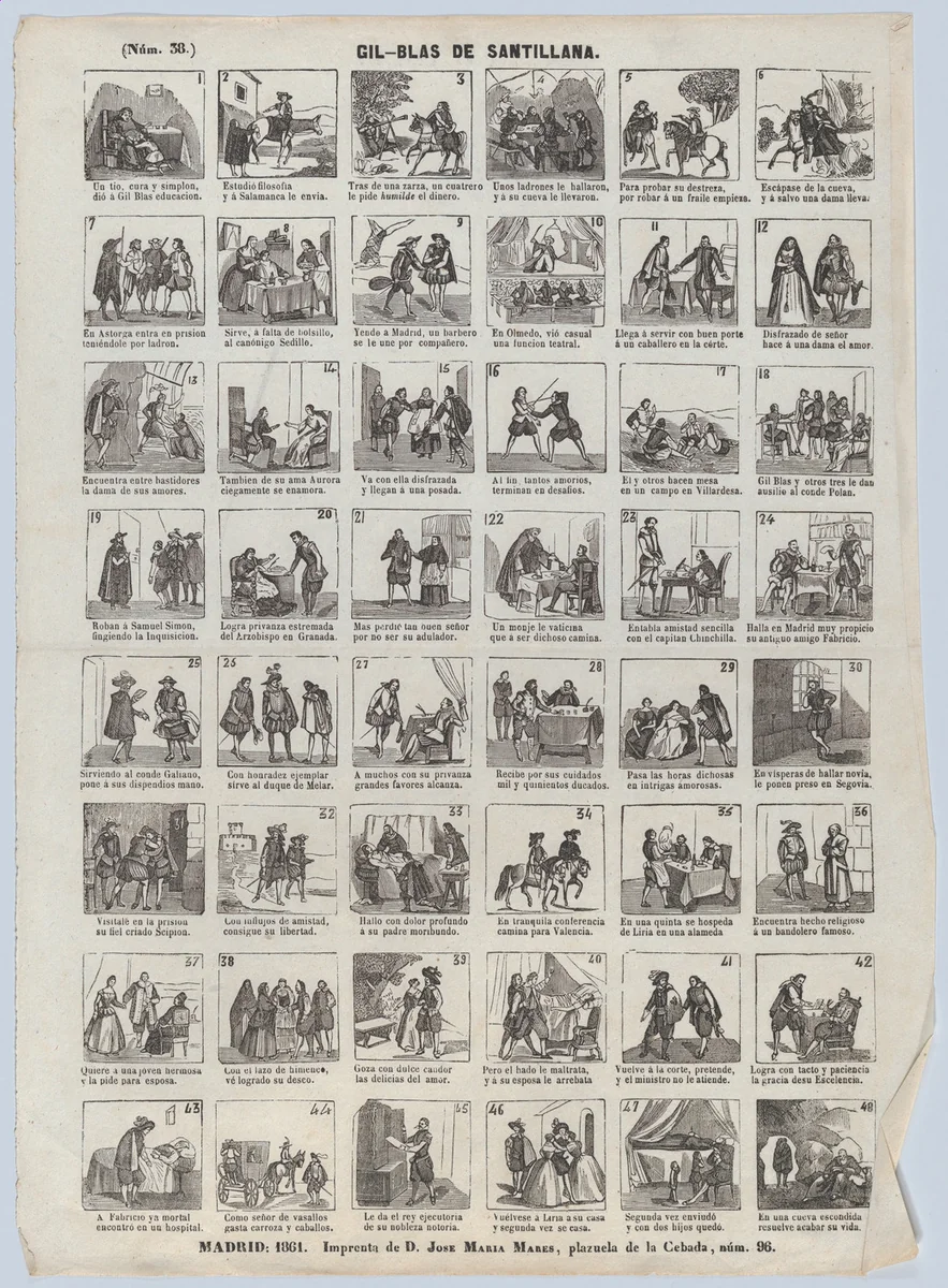 Broadside with 48 scenes showing the adventures of Gil-Blas de Santillana by José María Marés, print, 1861