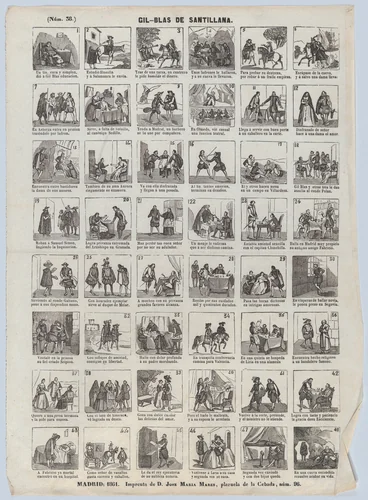 Broadside with 48 scenes showing the adventures of Gil-Blas de Santillana by José María Marés, print, 1861