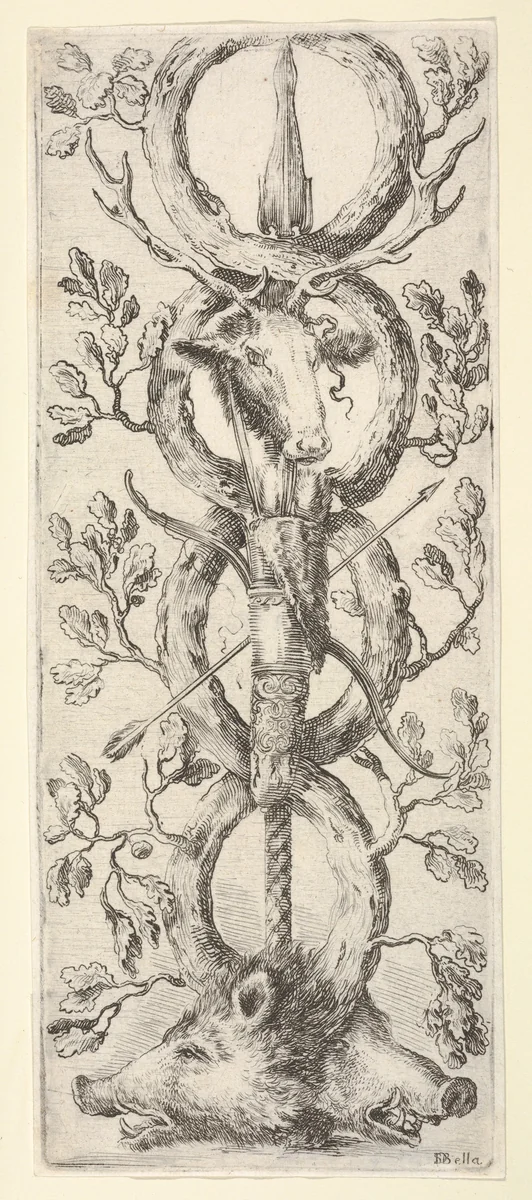 Two wild boar heads below, a deer head above, a bow and arrow in center, from "Ornaments or Grotesques" (Ornamenti o Grottesche) by Stefano della Bella, print, 1650-1656