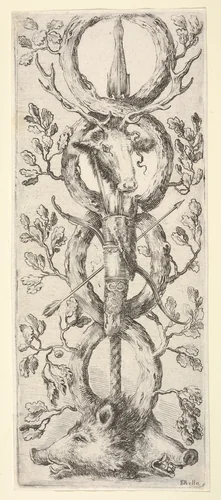 Two wild boar heads below, a deer head above, a bow and arrow in center, from "Ornaments or Grotesques" (Ornamenti o Grottesche) by Stefano della Bella, print, 1650-1656
