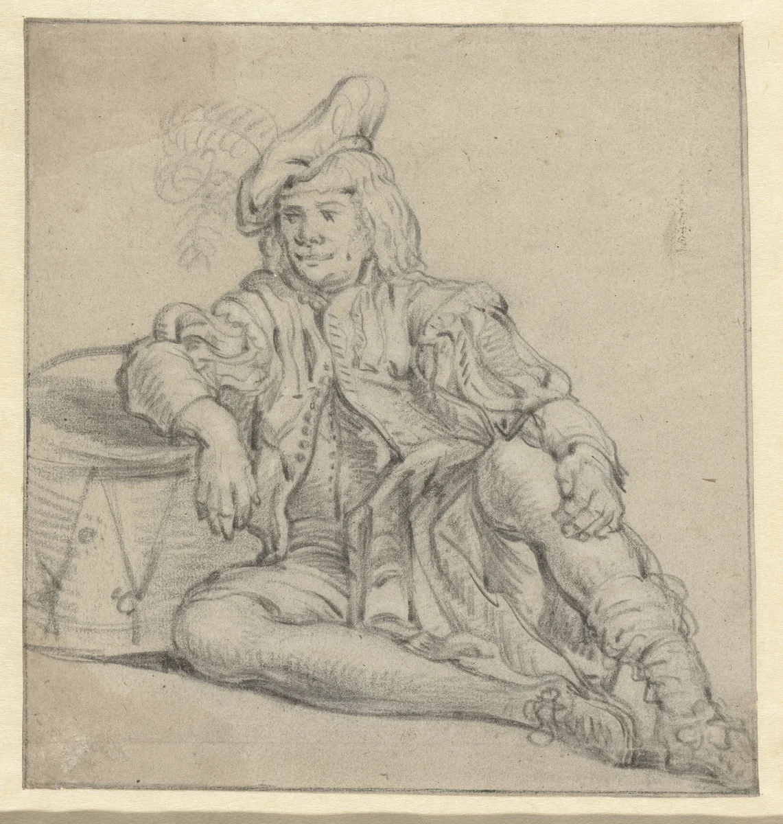 Een zittende trommelslager by anonymous, drawing, 1600-1699