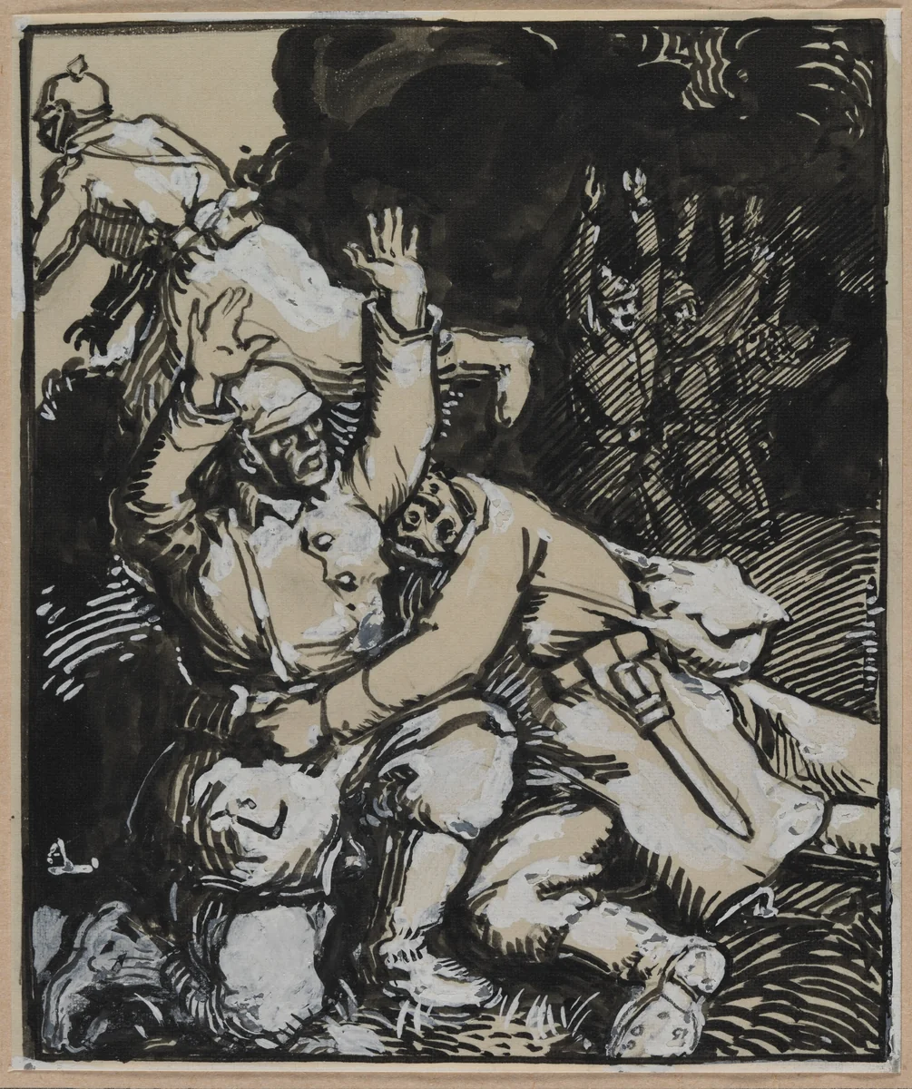 Dans une tranchée, des soldats allemands se rendent by Auguste Louis Lepère, drawing, 1914
