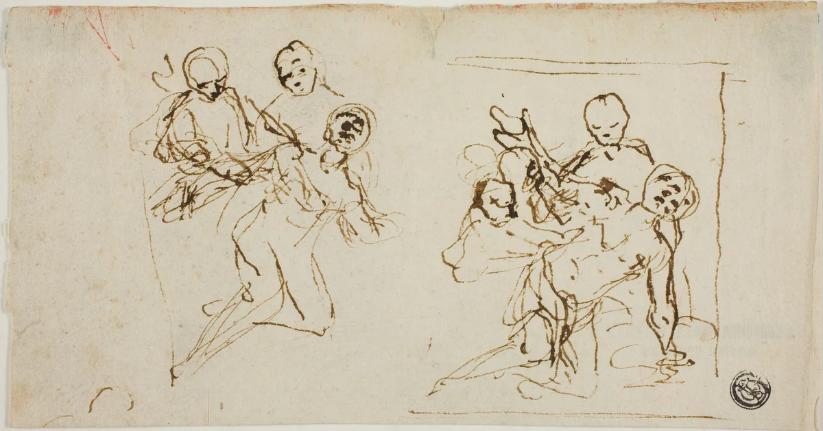 Two Composition Sketches of Collapsing Figure Supported by Two Other Figures (recto); Compositional Sketch of Kneeling Figure Accompanied by Two Other Figures by Baldassare Franceschini, drawing, 1631-1689