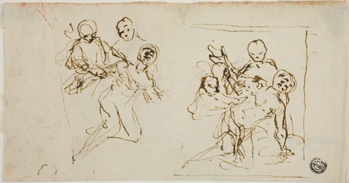 Two Composition Sketches of Collapsing Figure Supported by Two Other Figures (recto); Compositional Sketch of Kneeling Figure Accompanied by Two Other Figures by Baldassare Franceschini, drawing, 1631-1689