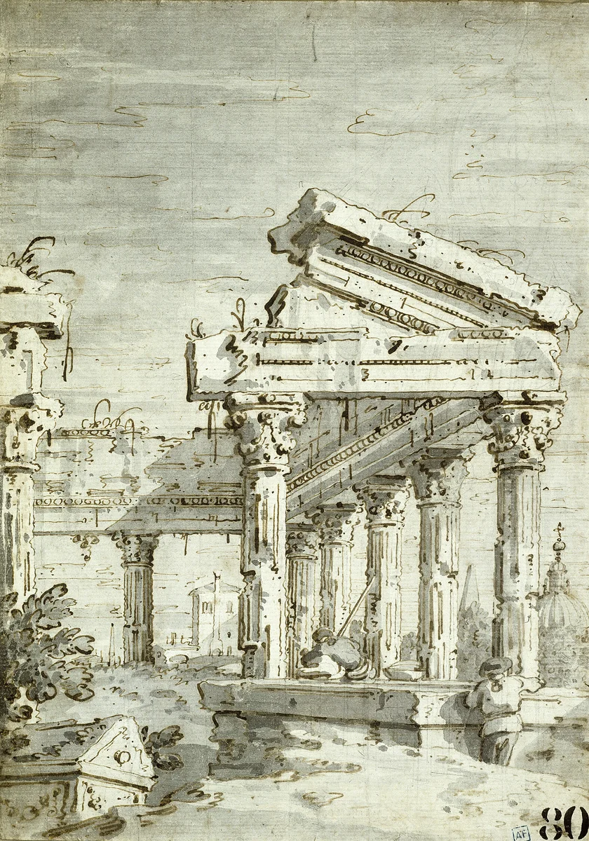 Capriccio: A Ruined Classical Temple by Canaletto, drawing, 1740-1750
