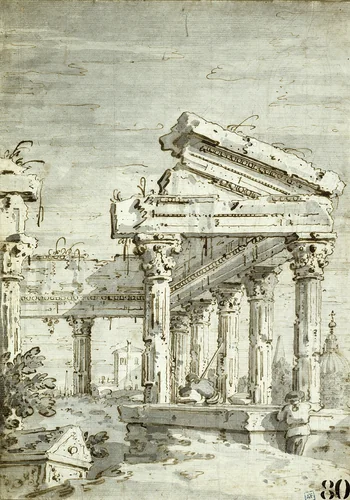 Capriccio: A Ruined Classical Temple by Canaletto, drawing, 1740-1750