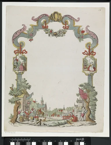 Wensbrief met herbergscène by anonymous, print, 1700-1899
