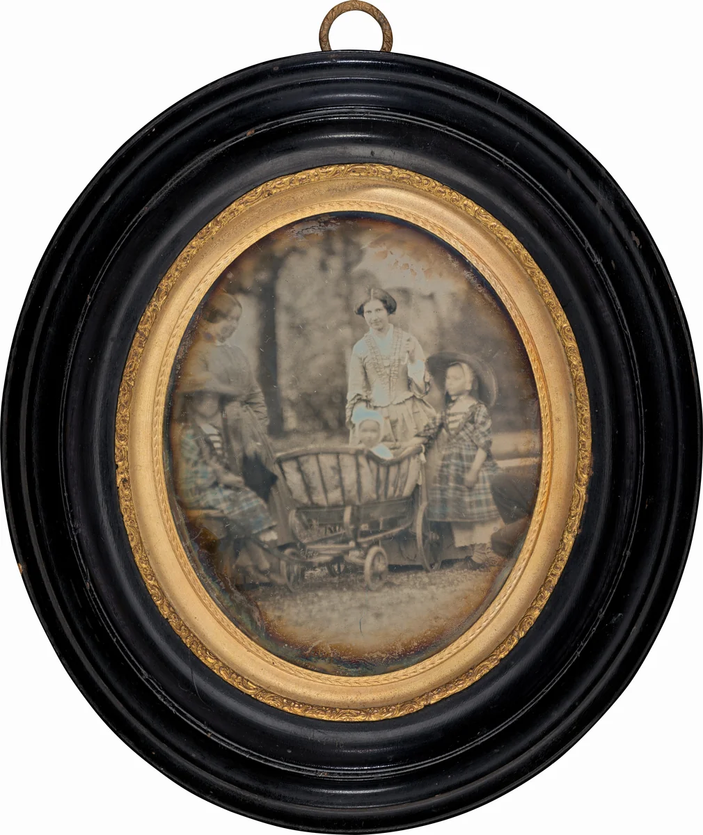 Two Women and Three Children in Garden by Unknown 19th Century, photograph, 1850-1859