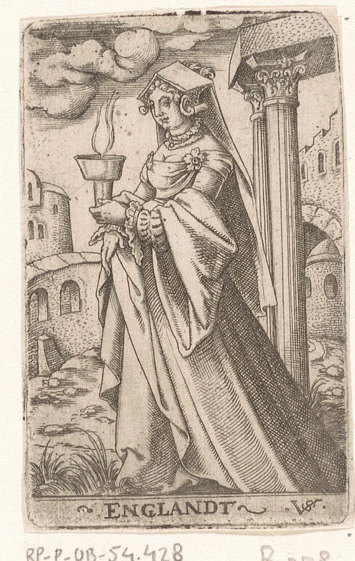 Wijze maagd als personificatie van Engeland by Unknown, print, 1524-1562