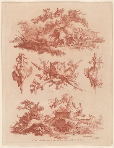 Hunting Trophies and Vignettes with Dogs Chasing a Boar and a Stag by Jean-Baptiste Hüet; Gilles Demarteau the Elder, print, 1745-1811