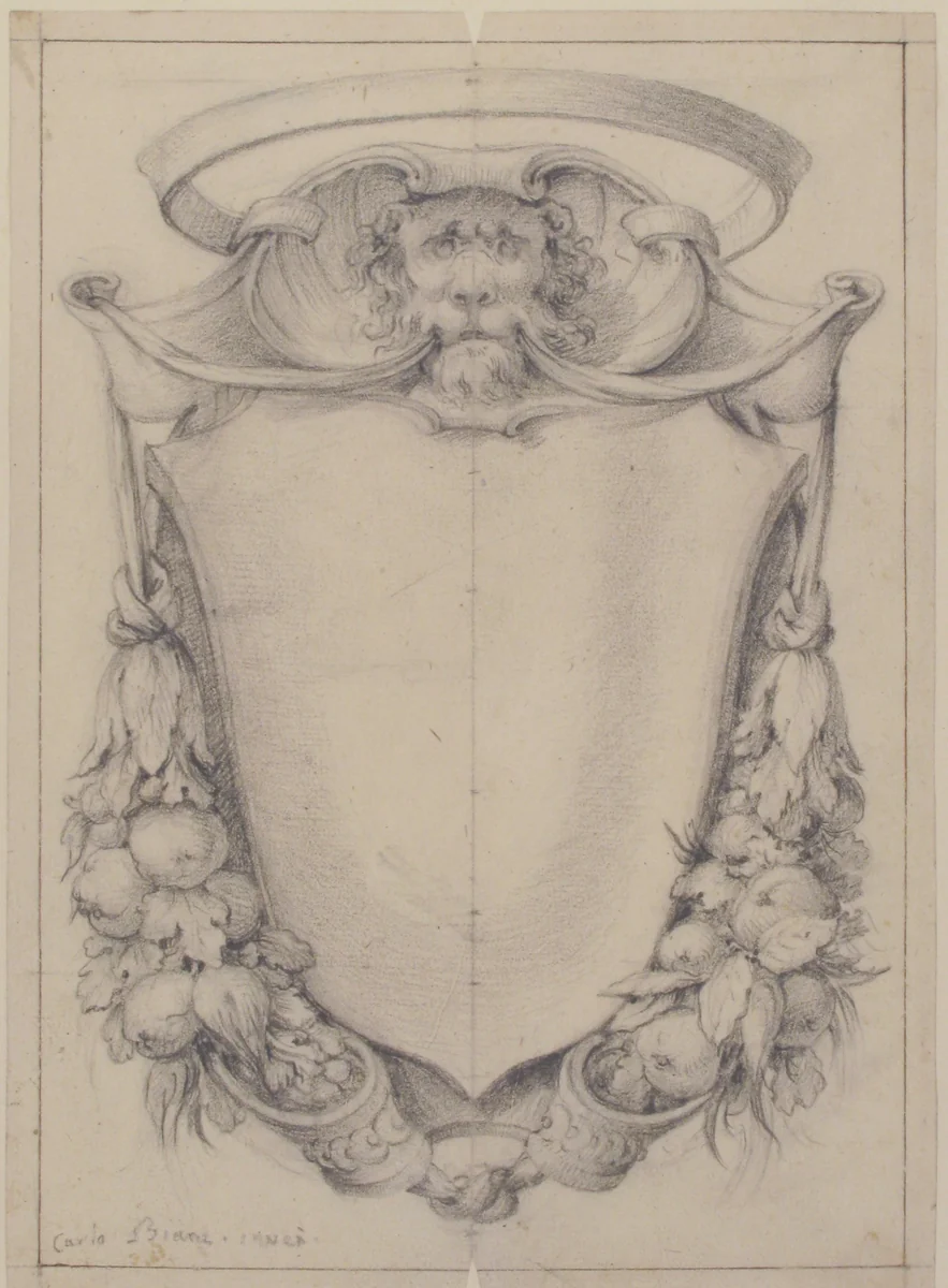 Design for a Cartouche Surmounted by a Lion's Head in Scrollwork Suspending Swags of Fruit and Leaves by Carlo Bianconi, drawing, 1732-1802
