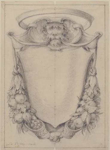 Design for a Cartouche Surmounted by a Lion's Head in Scrollwork Suspending Swags of Fruit and Leaves by Carlo Bianconi, drawing, 1732-1802