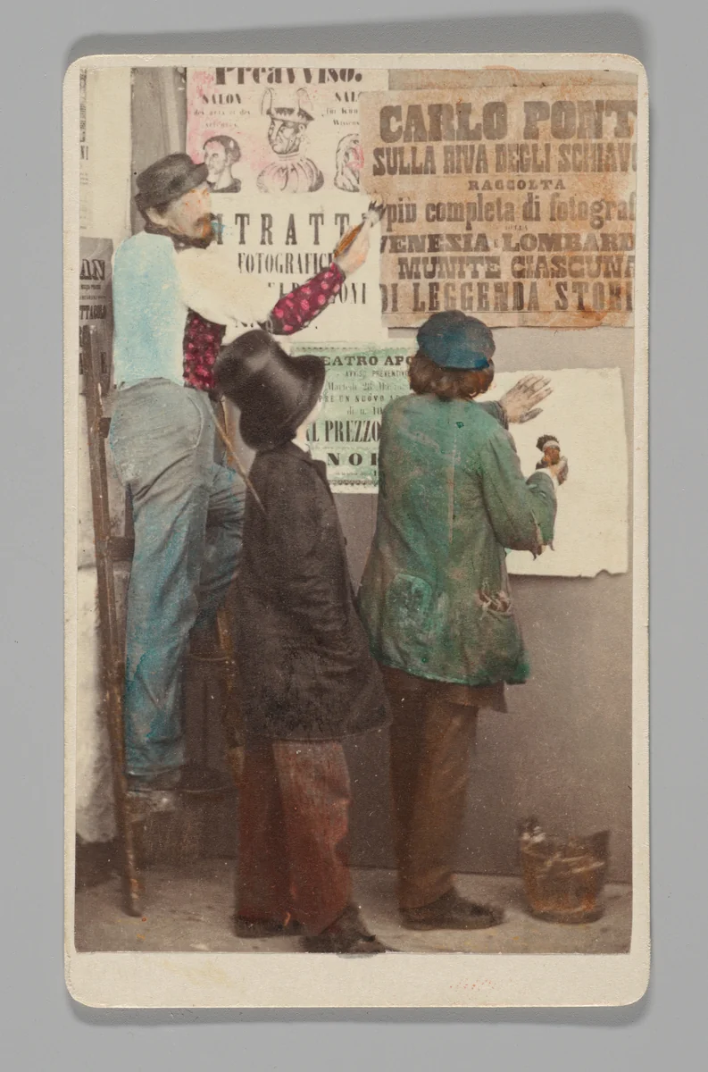 [Men Putting Up Broadsides, Venice] by Carlo Ponti, photograph, 1860-1879