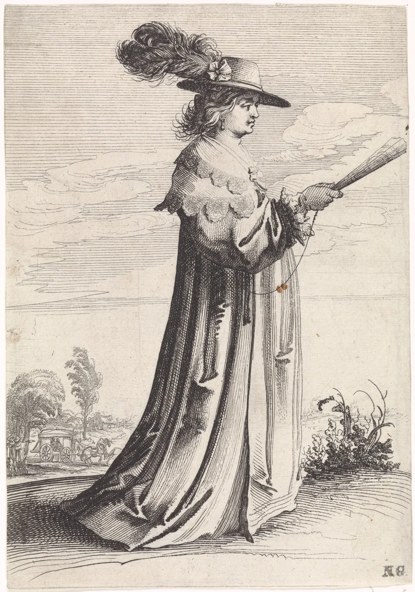 Staande vrouw met hoed en waaier by Pieter Nolpe, print, 1623-1653