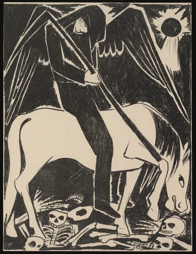 Kon' Bled (The Pale Horse) from Misticheskie obrazy voiny. 14 litografii (Mystical Images of War: Fourteen Lithographs) by Natalia Goncharova, print, 1914
