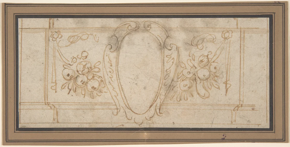 Wall Decoration with a Cartouche and Garland (recto); Ruled Lines in Red Chalk (verso) by anonymous, drawing, 1600-1699