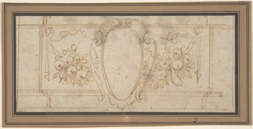 Wall Decoration with a Cartouche and Garland (recto); Ruled Lines in Red Chalk (verso) by anonymous, drawing, 1600-1699