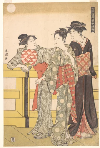 Three Women on a Bridge by Katsukawa Shunchō (勝川春潮), print, 1775-1795