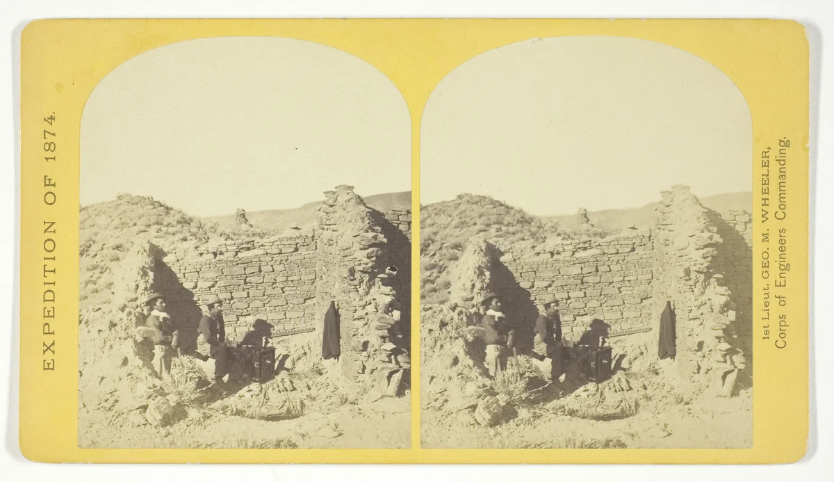 Characteristic ruin, of the Pueblo San Juan, New Mexico, on the north bank of the San Juan River, about 15 miles west of the mouth of Cañon Largo. The present race of Indians know nothing of when or by whom these buildings were constructed. The ruin is about 350 feet square, and built of natural stone, joined together by a mud cement, No. 43 from the series "Geographical Explorations and Surveys West of the 100th Meridian" by Timothy O'Sullivan, photograph, 1874