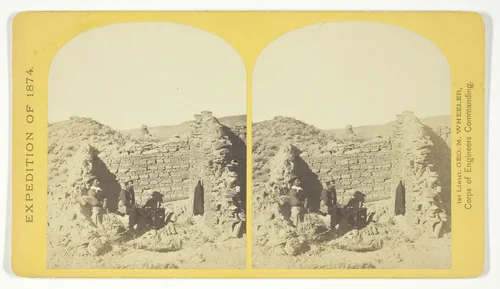 Characteristic ruin, of the Pueblo San Juan, New Mexico, on the north bank of the San Juan River, about 15 miles west of the mouth of Cañon Largo. The present race of Indians know nothing of when or by whom these buildings were constructed. The ruin is about 350 feet square, and built of natural stone, joined together by a mud cement, No. 43 from the series "Geographical Explorations and Surveys West of the 100th Meridian" by Timothy O'Sullivan, photograph, 1874