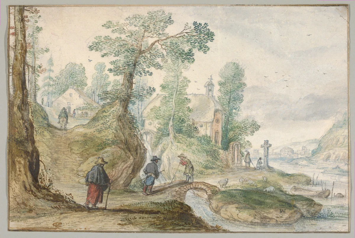 A Wooded River Landscape with a Church and Figures by Hendrick Avercamp, drawing, 1613