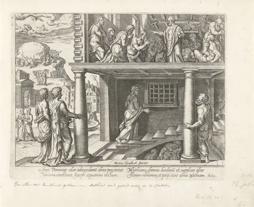 Hemelvaart van Christus en verkiezing van Mattias by Philips Galle, print, 1575-1582