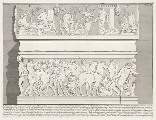 Sarcofaag van keizer Severus Alexander en zijn moeder Julia Avita Mamaea by Giovanni Battista Piranesi, print, 1756-1757