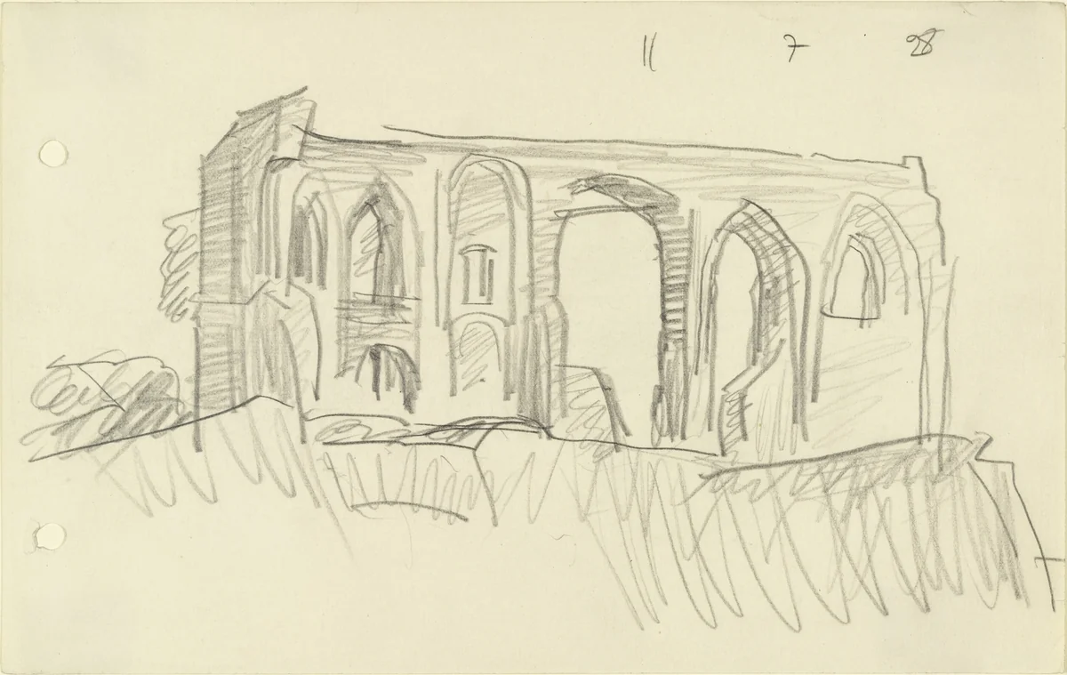 Ruin on the Cliff by Lyonel Feininger, drawing, 1928