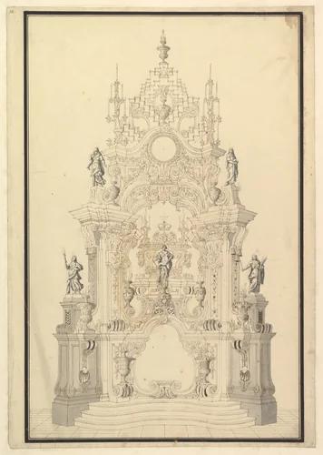 Elevation of a Catafalque with a royal Crown surmounting the Casket by Giuseppe Galli Bibiena, drawing, 1696-1756
