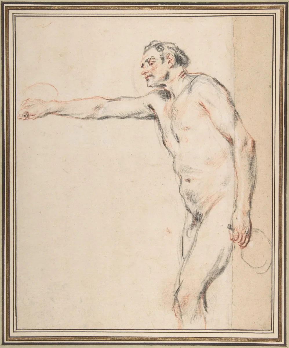 Study of a Nude Man Holding Bottles by Antoine Watteau, drawing, 1710-1721