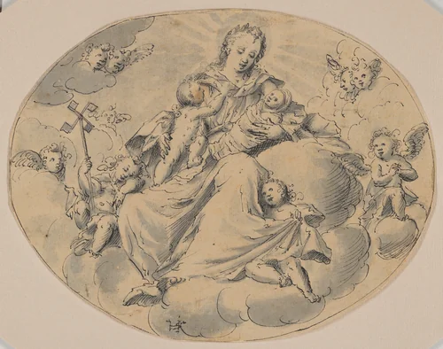 A Personification of Charity Seated on a Cloud, Surrounded by Putti by Monogrammist HSK, drawing, 1585-1605