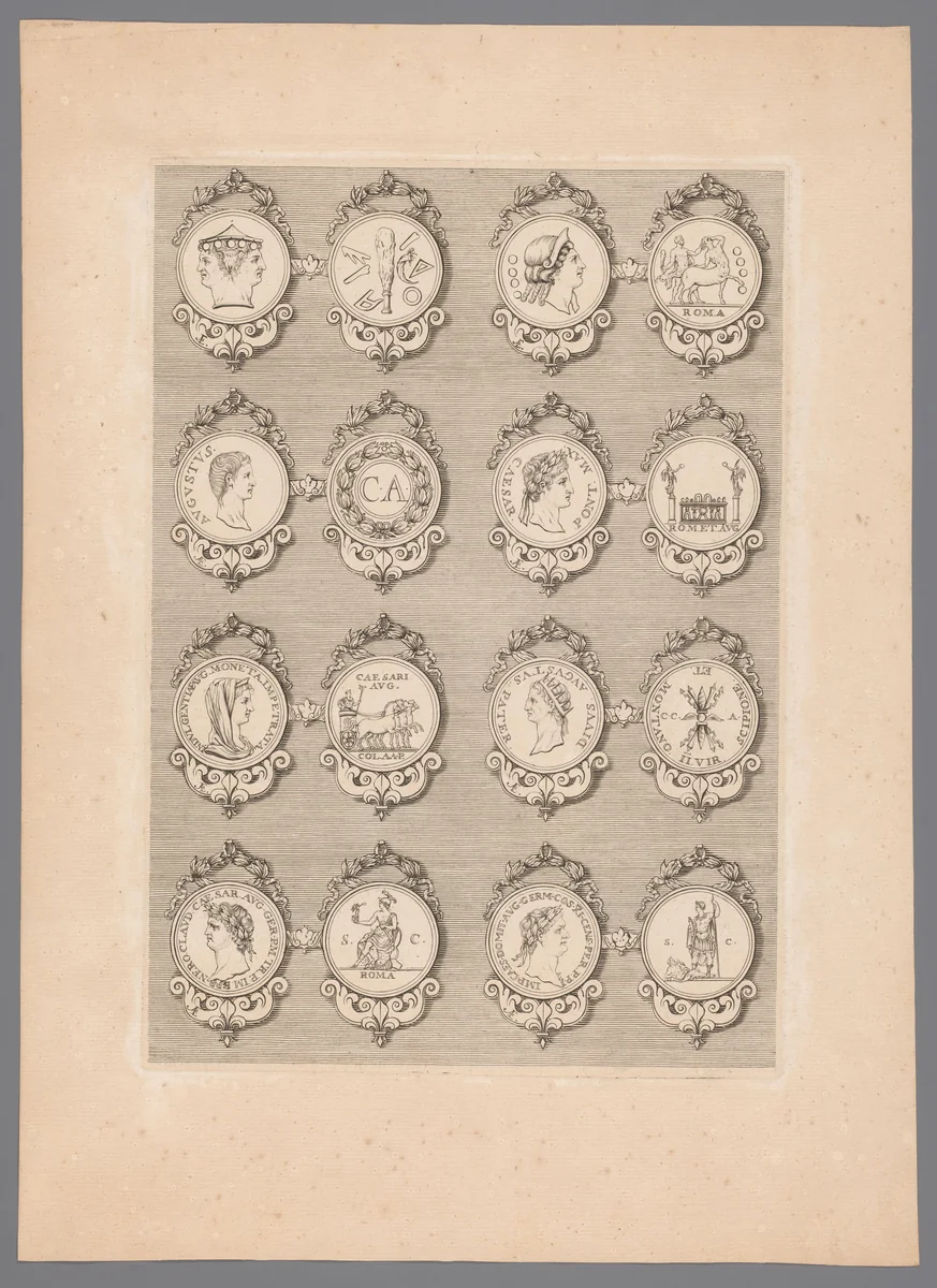 Zestien penningen met versierde lijsten by Simon de la Boissière, print, 1647-1682