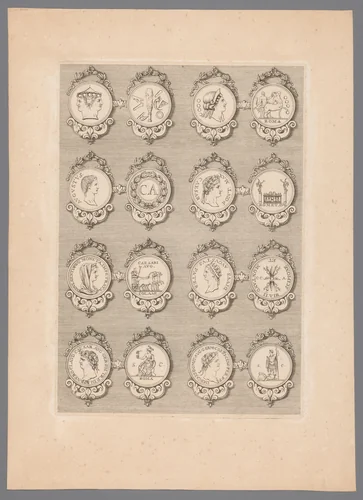 Zestien penningen met versierde lijsten by Simon de la Boissière, print, 1647-1682