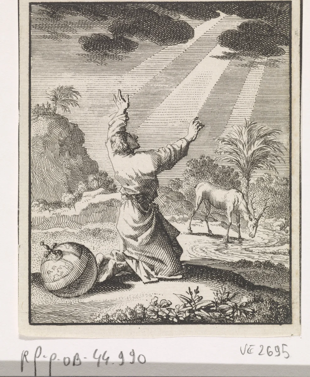Geknielde man ziet een hemels visioen by Jan Luyken, print, 1700