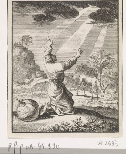Geknielde man ziet een hemels visioen by Jan Luyken, print, 1700