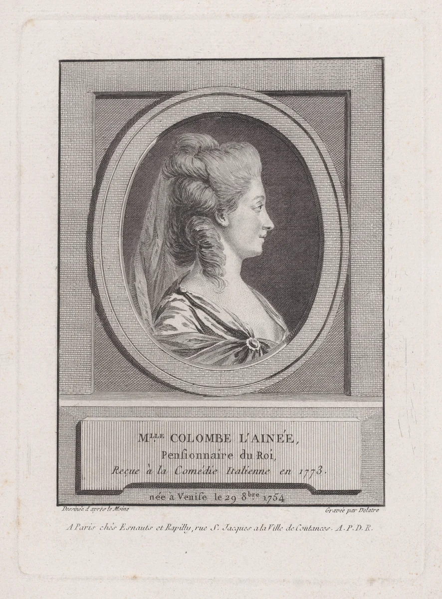 Portrait of Madamoiselle Colombe L'Ainée by Jean Marie Delattre, print, 1773
