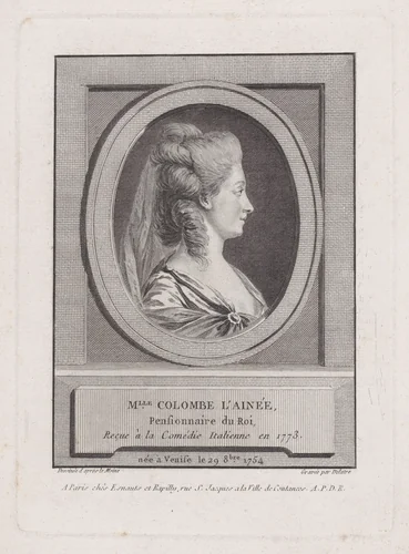 Portrait of Madamoiselle Colombe L'Ainée by Jean Marie Delattre, print, 1773